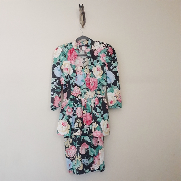 VTG 80s Peplum Dress Bolero Jacket Set Bold Floral - Picture 8 of 16